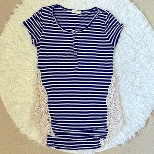 Paper + Tee Mixed Media Striped Crochet Sailor Button Down Tee